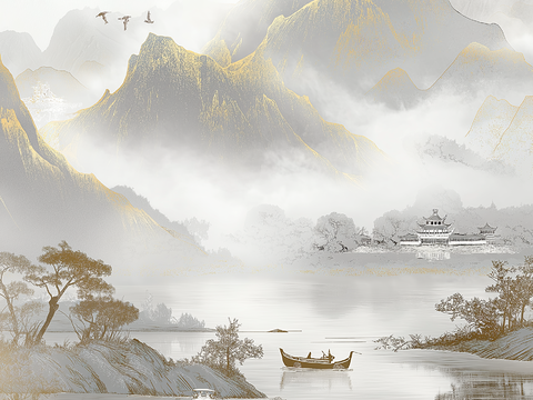 高清中式壁画软包墙布贴图