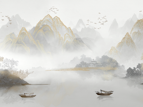 高清中式壁画软包墙布贴图