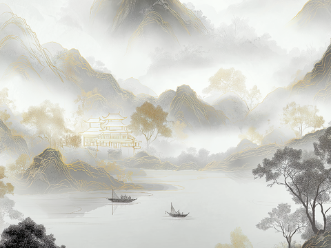 高清中式壁画软包墙布贴图