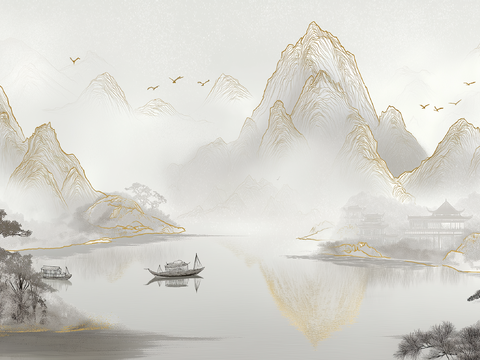 高清中式壁画软包墙布贴图