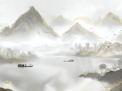 高清中式壁画软包墙布贴图