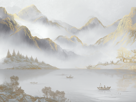 高清中式壁画软包墙布贴图