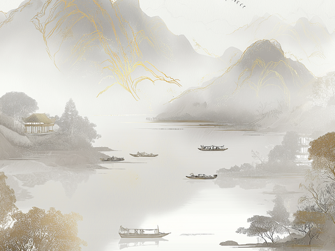 高清中式壁画软包墙布贴图