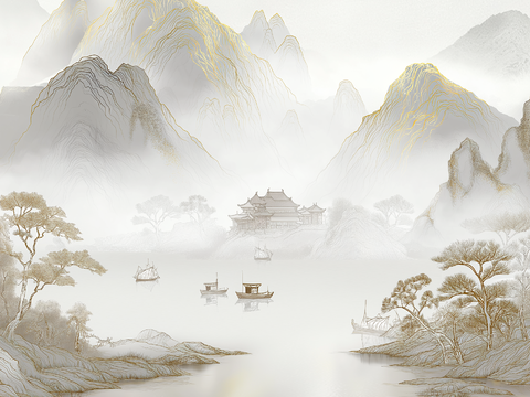 高清中式壁画软包墙布贴图