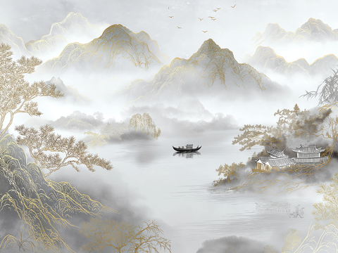 高清中式壁画软包墙布贴图