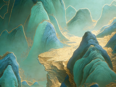  新中式青绿山水金箔肌理 