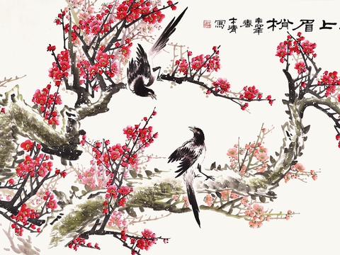  新中式花鸟壁画墙画 