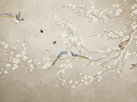  中式花鸟壁纸壁画 