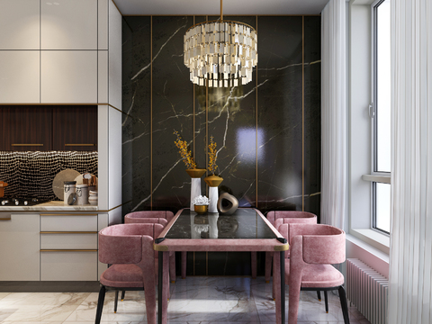 基辅NY公寓 现代粉色皮革餐桌椅3d模型