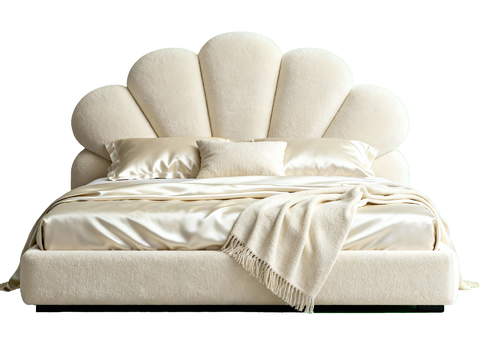 奶油网绒布软包贝壳双人床