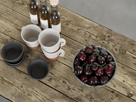  果盘 杯子 饮料 车厘子su模型 