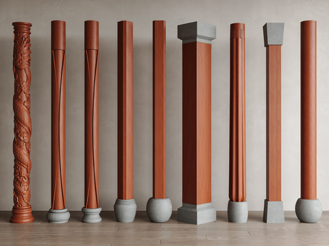  新中式柱子 盘龙柱su模型 