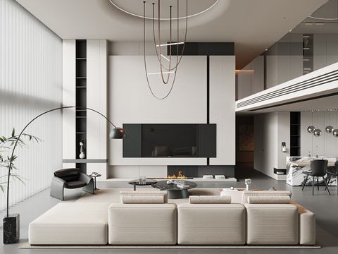  现代别墅大堂 挑空客厅su模型 