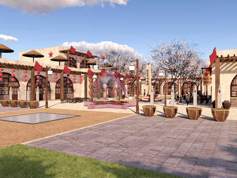  新中式窑洞商街 窑洞步行街su模型 