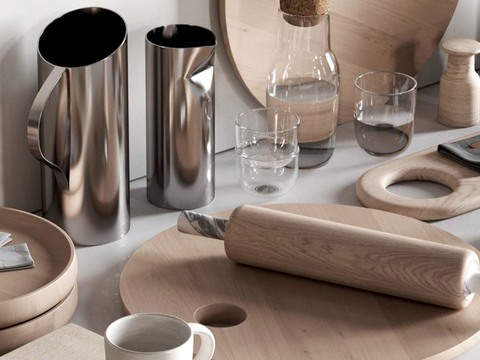  砧板 餐具 玻璃瓶 水杯su模型 