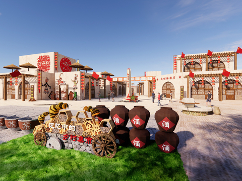  新中式窑洞商街 红色文化老街su模型 