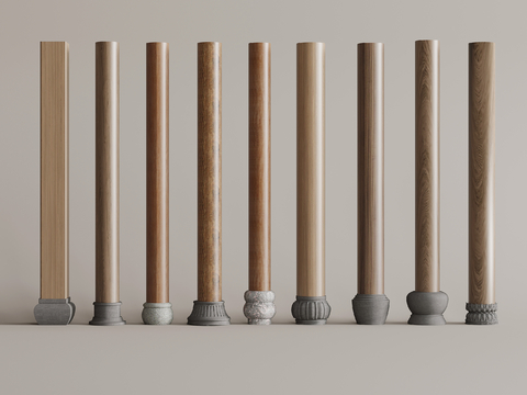  中式木质柱子 方柱 圆柱su模型 