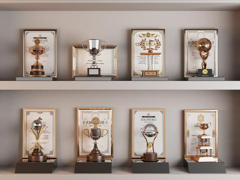  奖杯 奖牌 荣誉证书su模型 