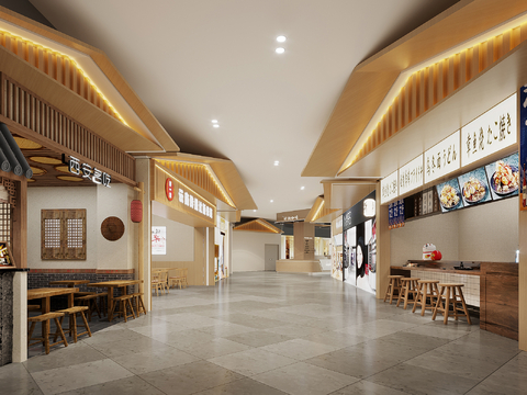  商场餐饮店铺 小吃街 美食街su模型 