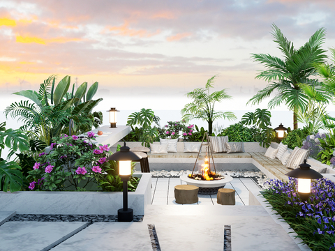  现代庭院 花园 下沉空间su模型 