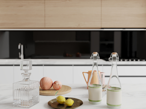  厨房摆件 水果 酒 调料su模型 