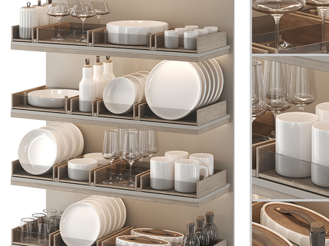  现代餐具 碗碟 高脚杯 水杯su模型 