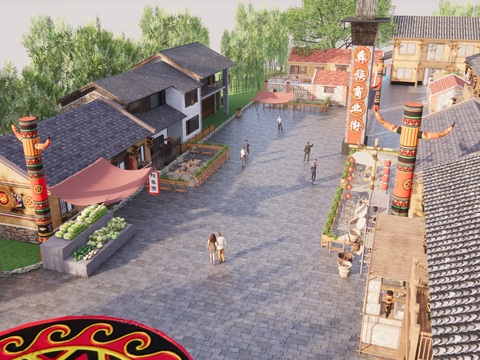  彝族商业街 古镇su模型 