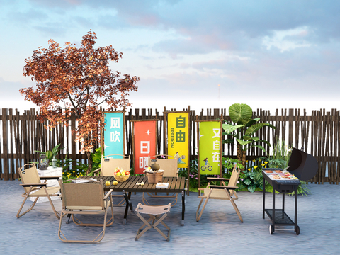  露营美陈 户外桌椅su模型 