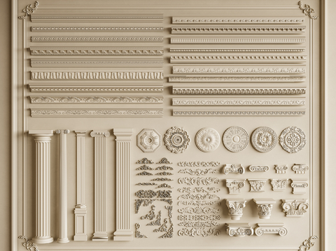  法式石膏线条 雕花 灯盘 角花su模型 