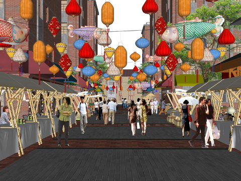  新中式商业街 商业外摆su模型 