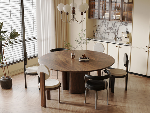 中古风圆餐桌 餐桌椅su模型