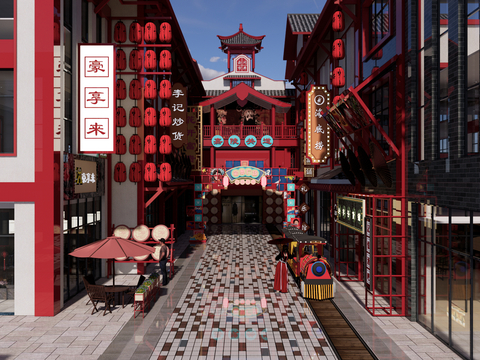  中式商业街 步行街su模型 