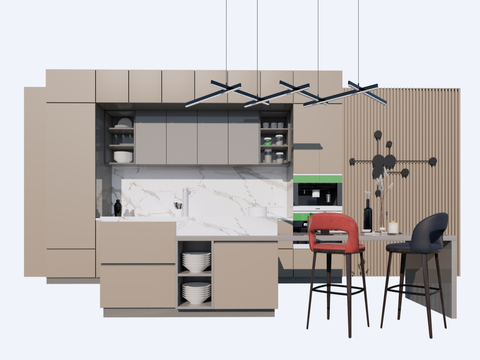  中岛橱柜 吧台 吧椅su模型 