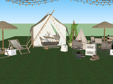 露营帐篷 户外桌椅 露营基地su模型 