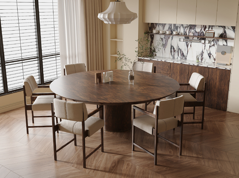 中古风圆桌 餐桌椅su模型