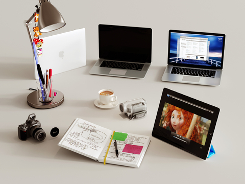  笔记本电脑 办公用品 台灯 咖啡杯su模型 