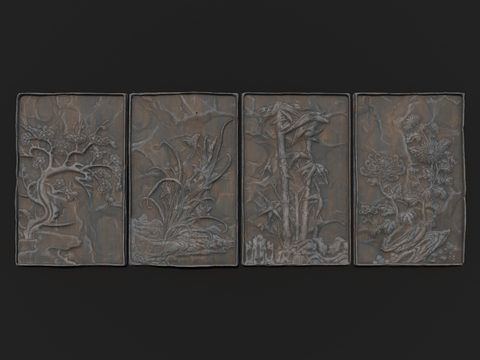  中式壁画 浮雕 梅兰竹菊壁画su模型 