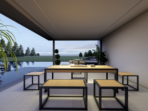  现代庭院茶室 亭廊空间su模型 