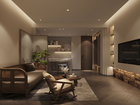  侘寂民宿 客厅su模型 