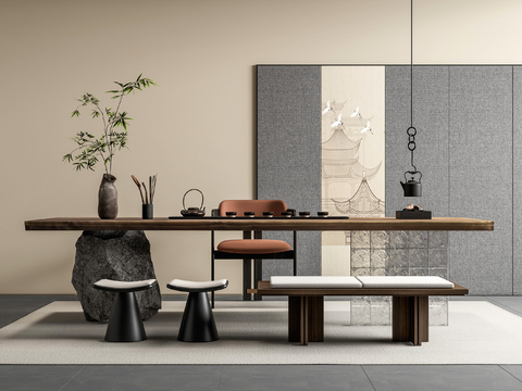 新中式茶桌椅 茶台su模型