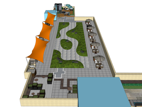  现代屋顶花园 休闲屋顶花园su模型 