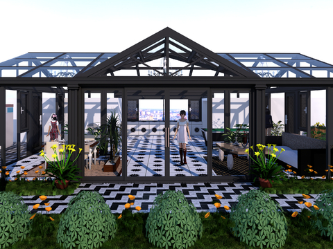  阳光房 温室 玻璃房su模型 
