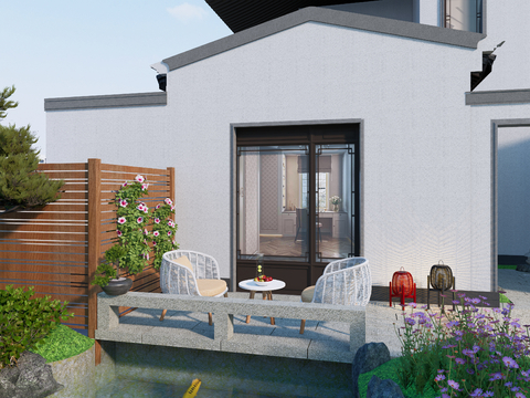  新中式户外椅 休闲椅 单人椅 柚木圆茶su模型 