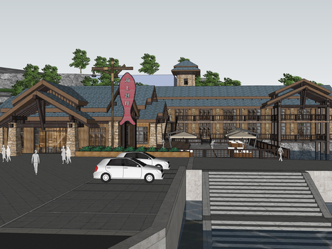  现代滨水商业街 餐饮店su模型 