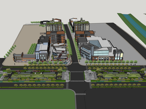  现代商业街鸟瞰规划su模型 