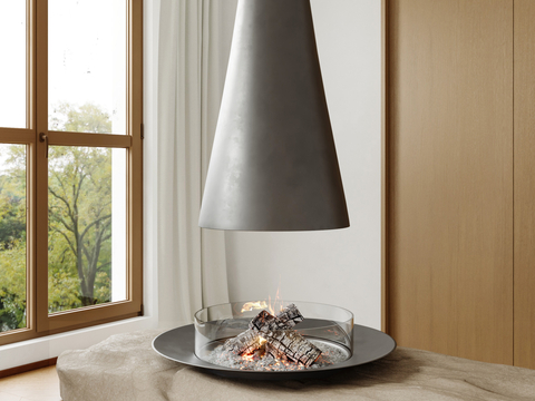  现代悬挂式篝火壁炉 围炉 火盆su模型 