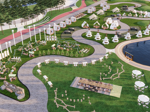  现代户外露营公园鸟瞰规划su模型 