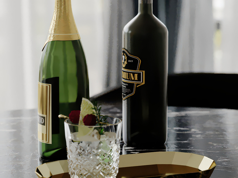  酒瓶 果盘 杯子 托盘su模型 