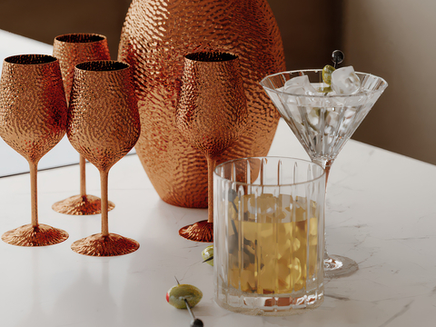  酒杯 酒水 高脚杯 冰块su模型 