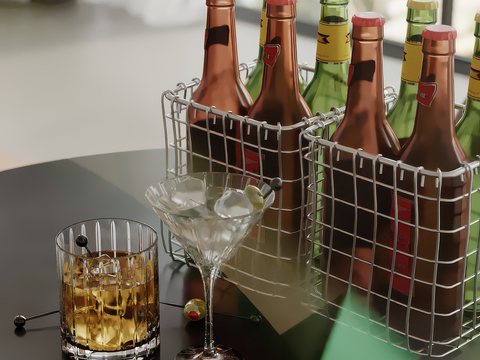  酒水 酒瓶 酒杯 铁艺架su模型 